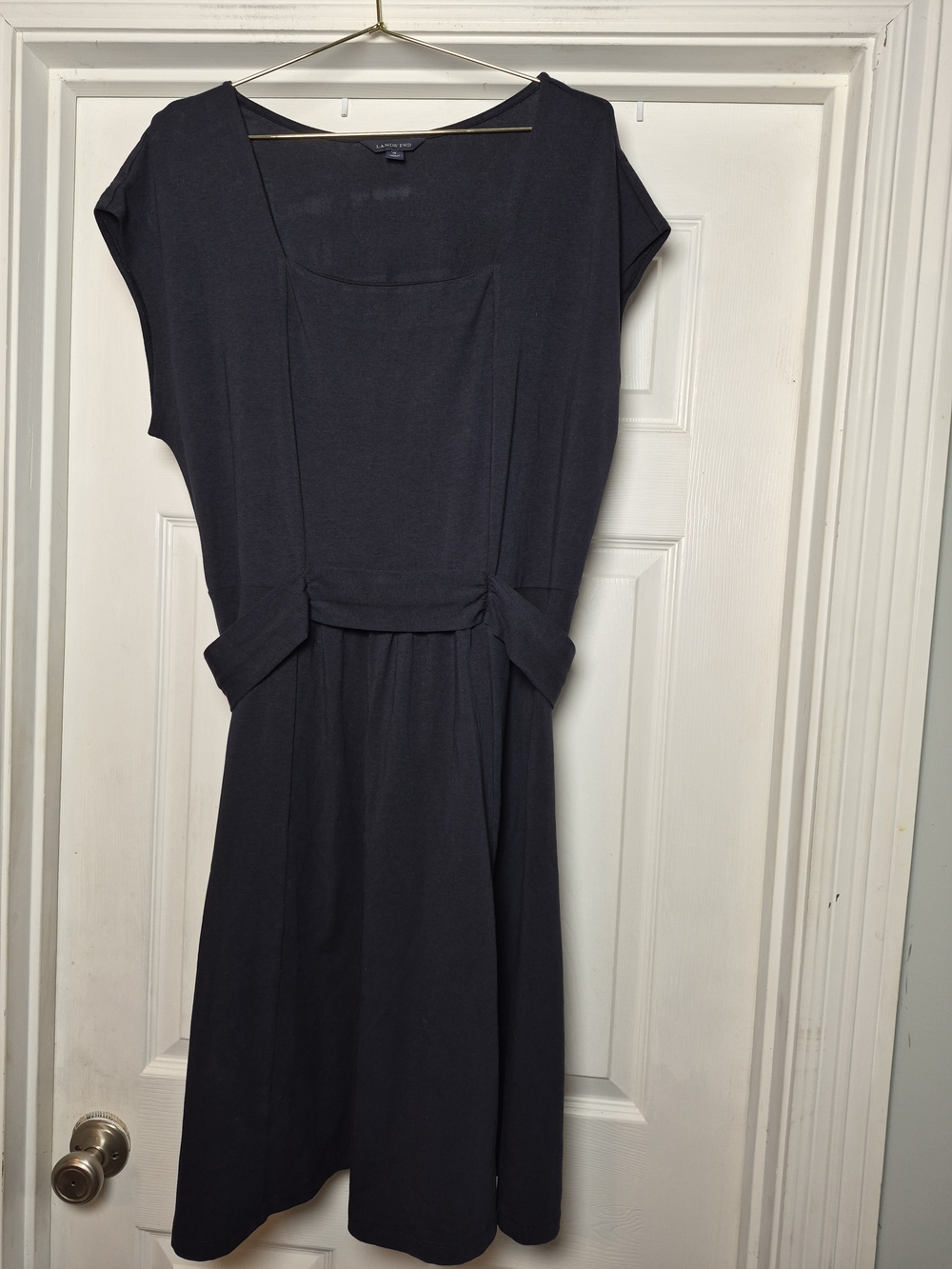 Lands' End Black Cap-Sleeve Faux Belted Midi Dress 18